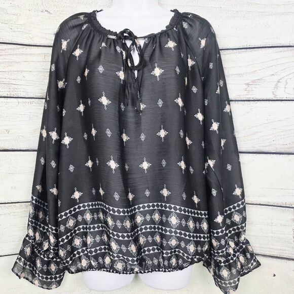 Cato Black Boho Border Print Peasant Top Medium - Picture 2 of 9